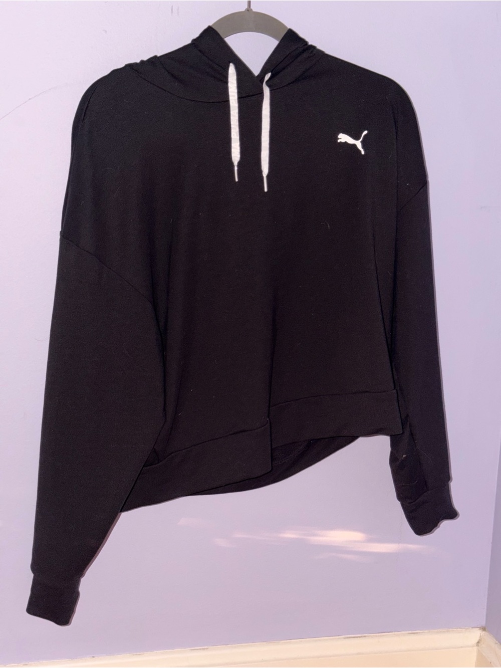 Puma Black Cropped Hoodie with White Drawstrings